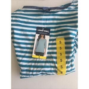 Lands End Womens 3/4 Sleeve Boat Neck Cotton Tee Stripe, Blue, Size S. BN